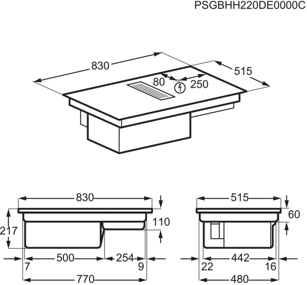 Aeg platetopp med ventilator CCE84779CB 83 cm med kullfilter